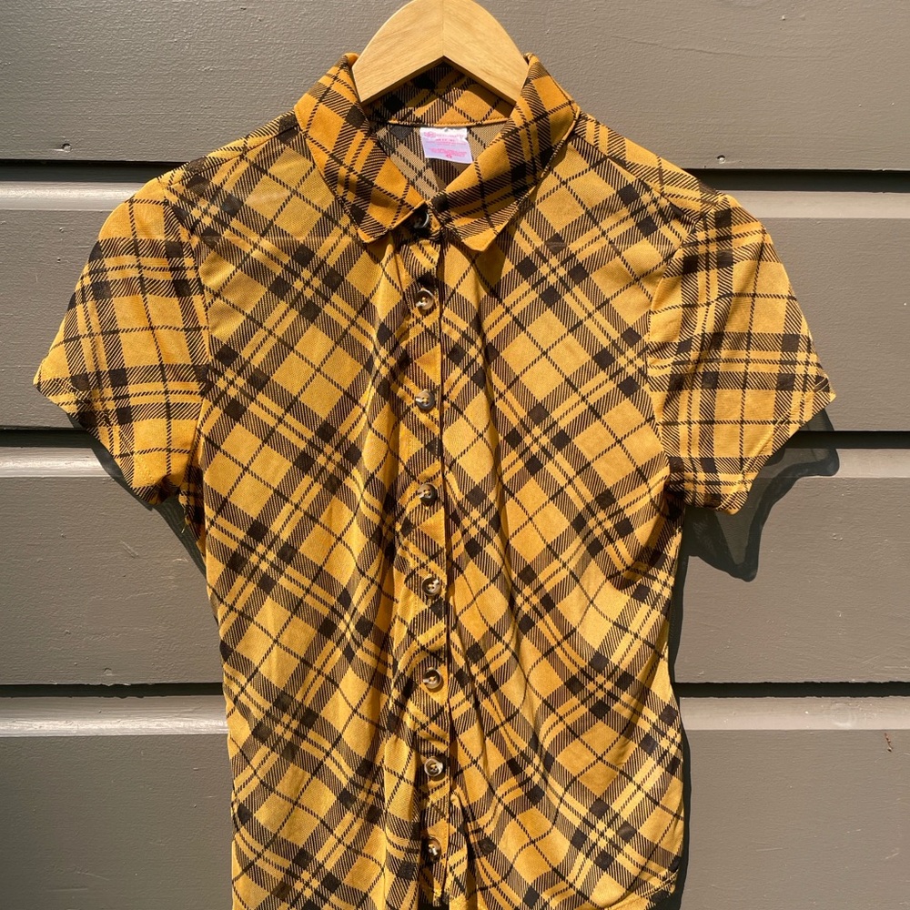 Goth/Grunge Sheer Plaid Button Up Blouse